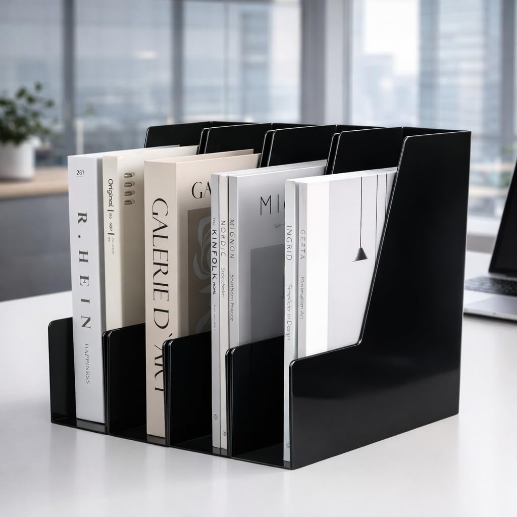 CiWiVOKi Vertical Magazine File Holder, Desk Organizer and Storage for Magazines, Binders, Notebooks, Envelopes, Multi-Purpose Desktop File Organizer for Home, Office & Classroom, 4 Pack, White