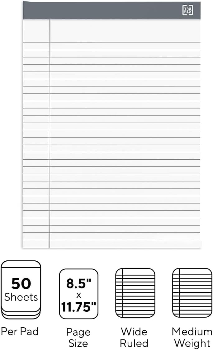 TRU RED Notepads, 8.5” x 11.75”, Wide Ruled, White, 50 Sheets/Pad, 6‑Pack