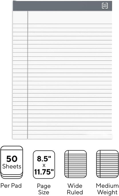 TRU RED Notepads, 8.5” x 11.75”, Wide Ruled, White, 50 Sheets/Pad, 6‑Pack