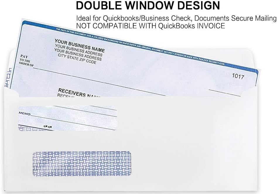 #8 Double Window Security Check Envelopes, No.8 Double Window Bussiness Envelopes Designed for QuickBooks Checks - Computer Printed Checks - 3 5/8 X 8 11/16 (NOT for INVOICES) - 24 LB - 1000 PACK