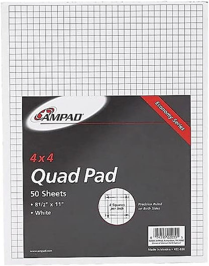 Ampad 8 1/2 x 11 Inches White Quad Pad, 4 Square Inch, 50 Sheets, 1 Each (22-030C)