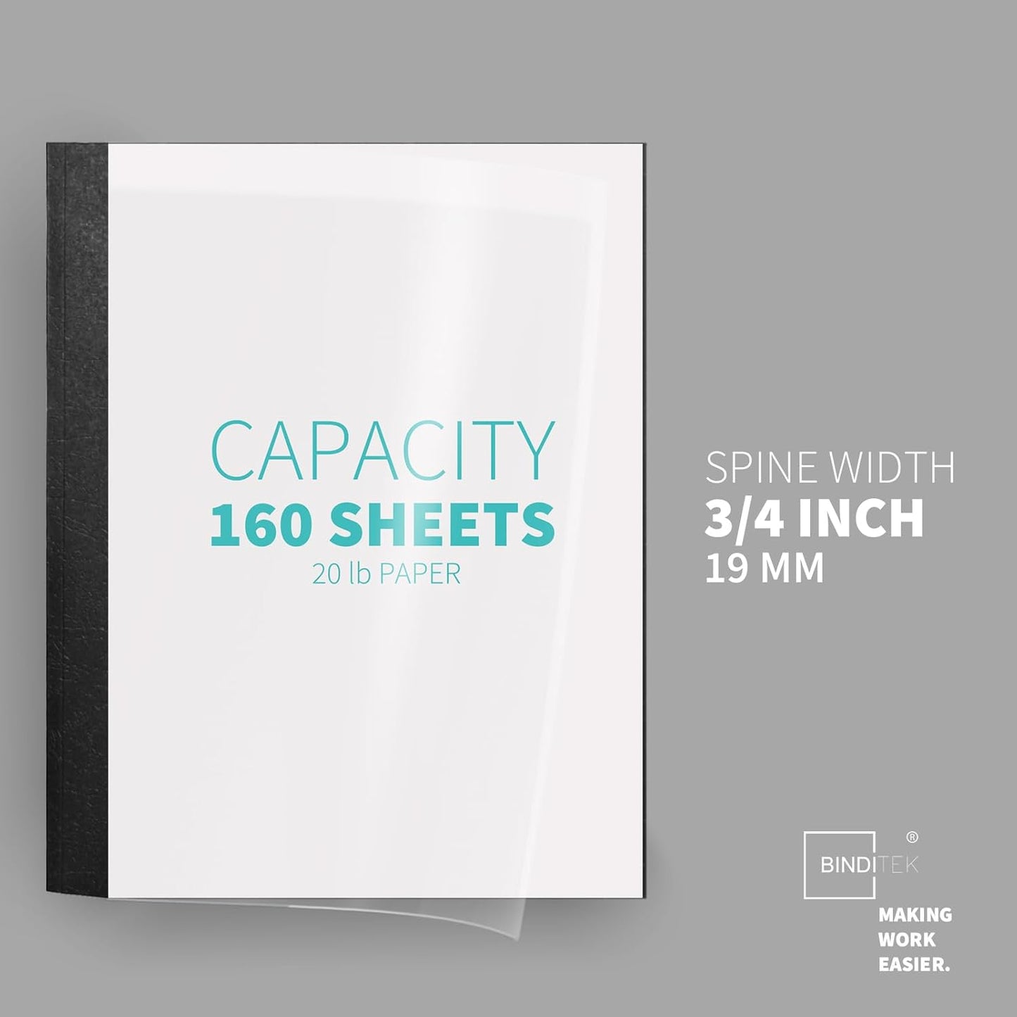 Binditek 20 Pack Thermal Binding Presentation Covers, 1/16 Inch Spine Holds 15 Sheets, Ultra Clear Front Cover, Black Paper Back Cover, Letter Size, for Students and Coworkers
