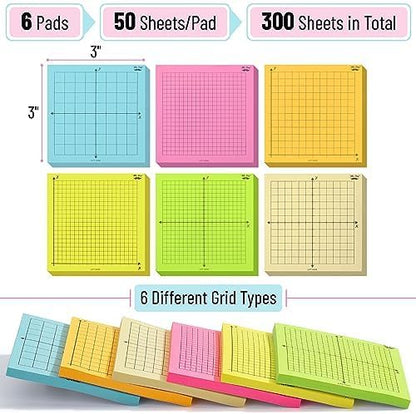 Mr. Pen- Graph Sticky Notes, 3x3 Inch, 6 Pads, 50 Sheets/Pad, 300 Sheets, 6 Grid Designs, White, Square Graph Paper Notes, Grid Sticky Note Pads for Math, Study, Journals, Planners