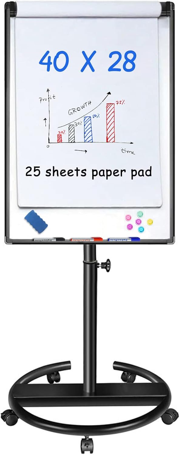 maxtek Mobile Dry Erase Board – 40x28 inches Magnetic Portable Whiteboard Stand Easel White Board Flipchart Easel Board with 25 Sheets Paper Pad for School Supplies