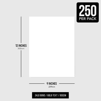9" x 12" White Regular Paper – Multipurpose Office Paper for Copy, Printing and Writing | Inkjet and Laser Printer Compatible | 24lb Bond / 60lb Text / 90gsm – Smooth Finish | 250 Sheets per Pack
