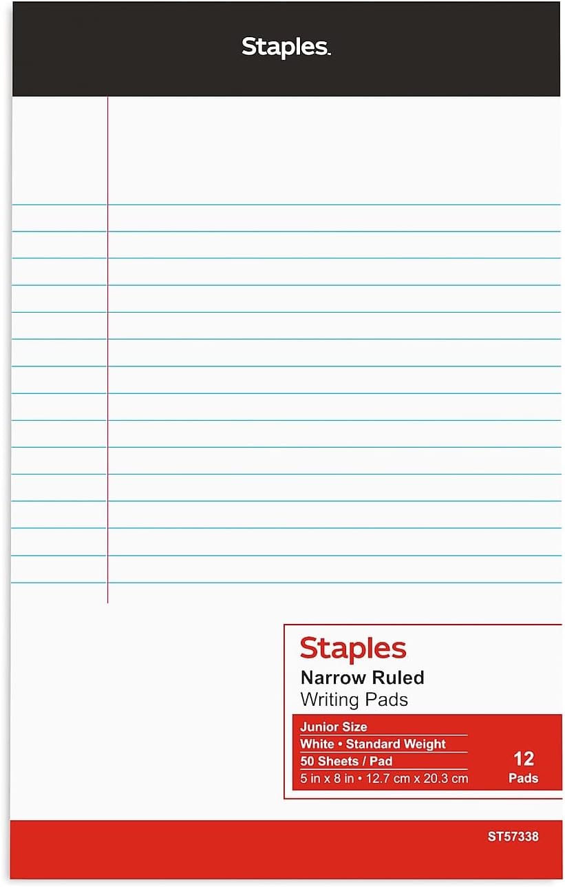 STAPLES Notepads, 5” x 8”, Narrow Ruled, White, 50 Sheets/Pad, 12‑Pack