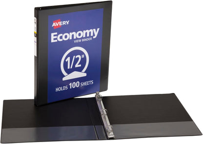 Avery Standard View 3 Ring Binder, 0.5" Round Rings, 100-Sheet Capacity, 0.7 Inch Wide Spine, 1 Black Binder, Ideal for Lightweight Organization and Occasional Referencing (05751)