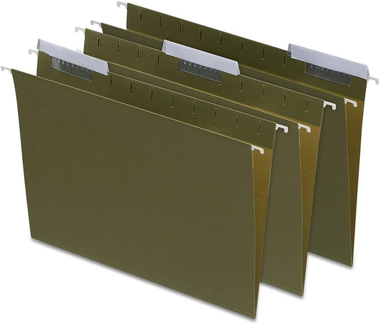 Staples Hanging File Folders, Letter Size, 1/5‑Cut Tabs, Standard Green, Includes Tabs & Paper Inserts – 25/Pack