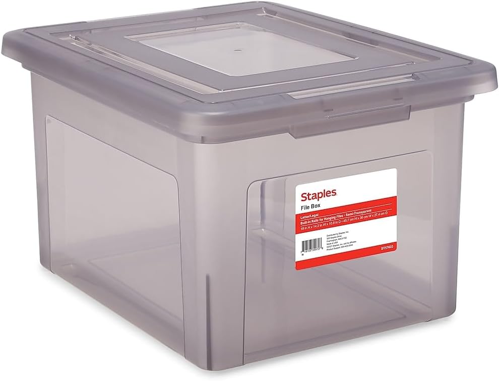 STAPLES File Folder Tote, Portable Filing Box for Letter SIze Hanging Folders, Security Latch & Built-In Lid Organizer, Black/Clear