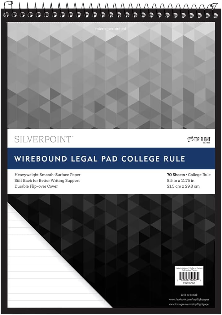 Silverpoint Top Wire Legal Pad, College Rule, Heavy Back, 8.5 x 11.75 Inches, 70 Sheets, Protective Cover, Gray/Black (51073)