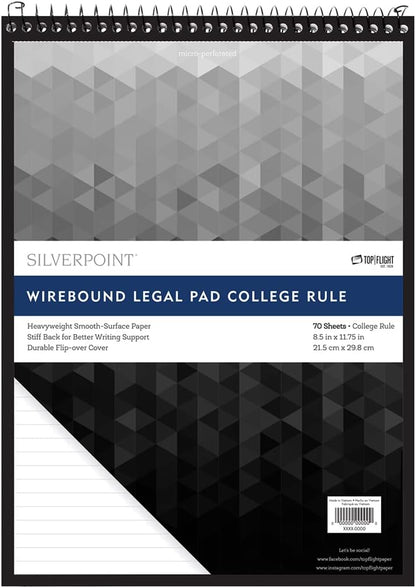 Silverpoint Top Wire Legal Pad, College Rule, Heavy Back, 8.5 x 11.75 Inches, 70 Sheets, Protective Cover, Gray/Black (51073)