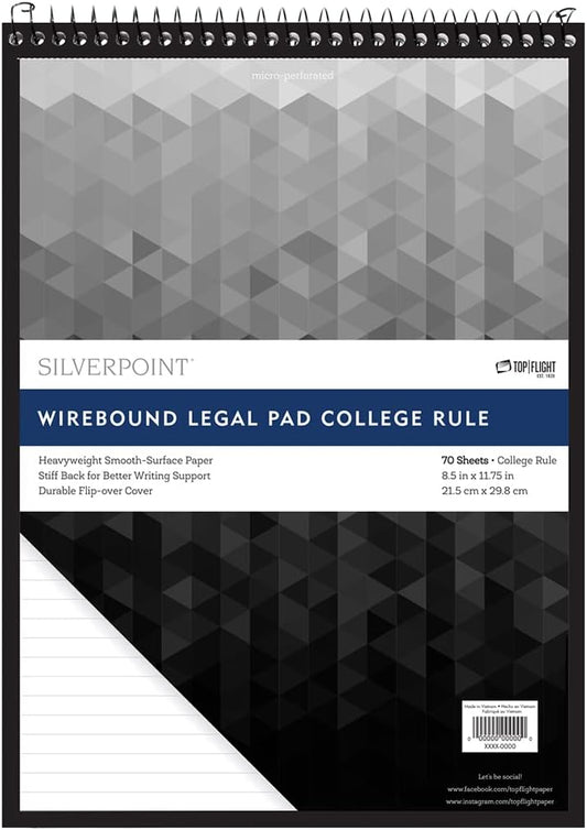 Silverpoint Top Wire Legal Pad, College Rule, Heavy Back, 8.5 x 11.75 Inches, 70 Sheets, Protective Cover, Gray/Black (51073)
