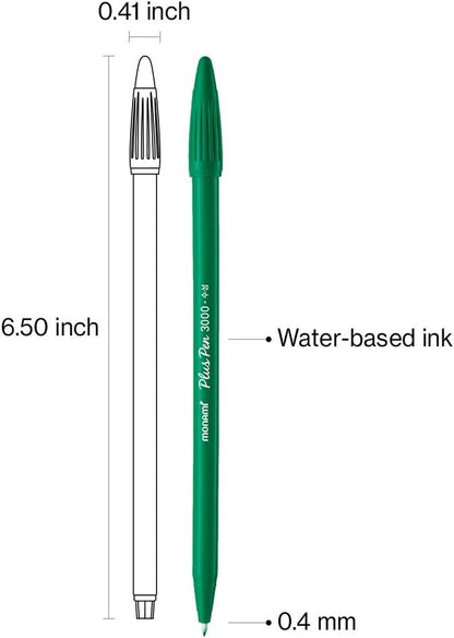 MONAMI Plus Pen 3000 Felt Tip Pens, Fine Point (0.4mm), Fine Liner, Writing/Journaling/Note Taking at home, school and office, Blue, 12-Count