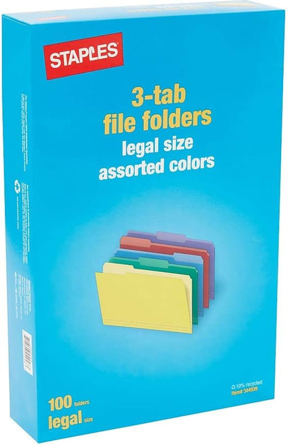 Staples Recycled File Folders, Legal Size, 1/3‑Cut Tabs, Manila, 30% Recycled Paper Stock, 100/Box