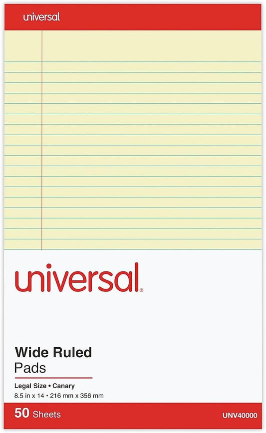 Universal 40000 Perforated Edge Writing Pad, Legal/Margin Rule, Legal, Canary, 50 Sheet (Pack of 12)