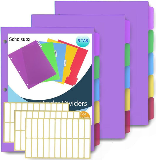 Binder Dividers for 3 Ring Binder, 8 Tab Set, Durable Plastic Tabs with Tabs, Customizable with 42 Labels, Assorted Colors for Office, School, Letter Size
