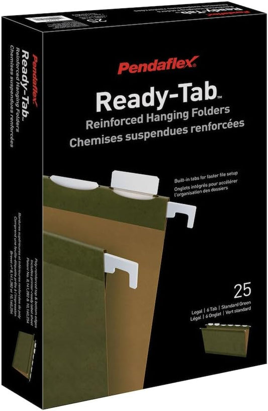 Pendaflex Ready-Tab Reinforced Hanging File Folders, Letter Size, Standard Green, 5 Tab, 25/BX (42590)