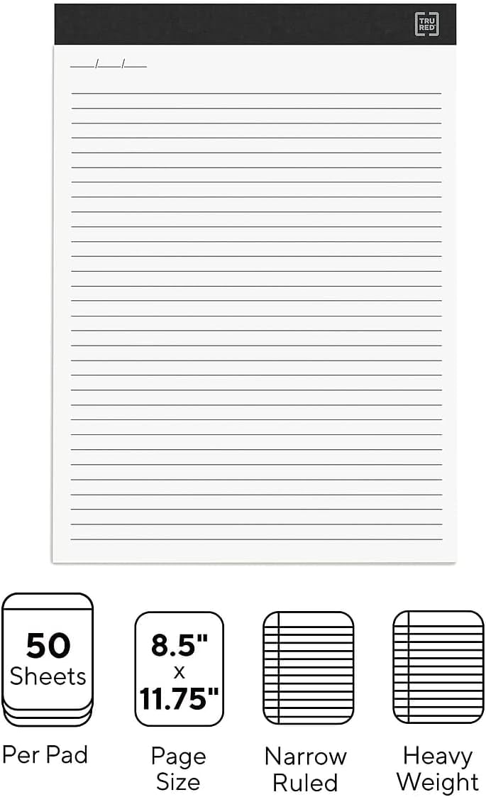 TRU RED Notepads, 8.5” x 11.75”, Narrow Ruled, Ivory, Perforated, 12‑Pack