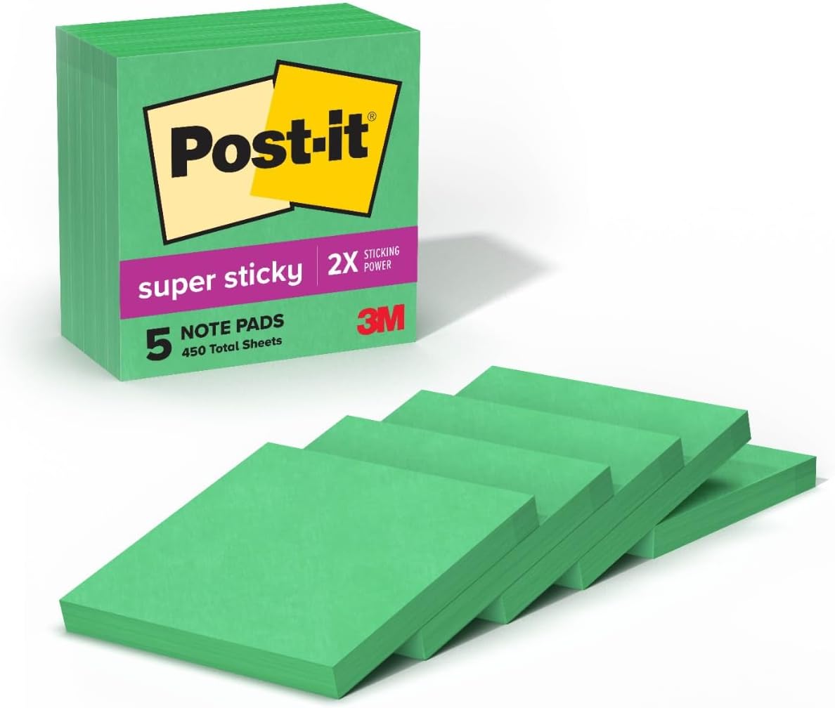 Post-it Super Sticky Notes, 5 Sticky Note Pads, 3 x 3 in., School Supplies, Office Products, for Vertical Surfaces, Monitors, Walls and Windows, First Snow White