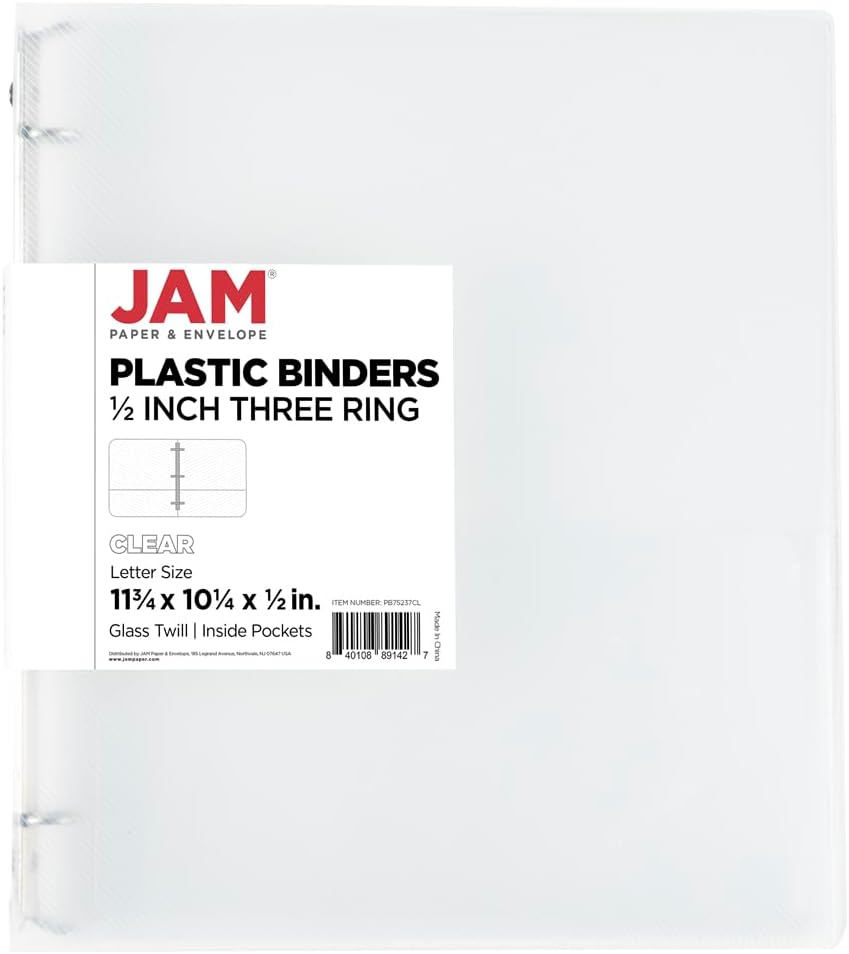 JAM PAPER Plastic 0.75 inch Binder - Clear 3 Ring Binder - Sold Individually