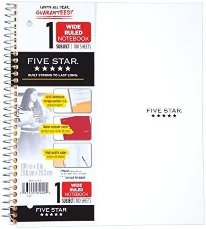 Five Star Spiral Notebook + Study App, 1 Subject, Wide Ruled Paper, 8" x 10-1/2", 100 Sheets, Fights Ink Bleed, Water Resistant Cover, Tidewater Blue (72875)
