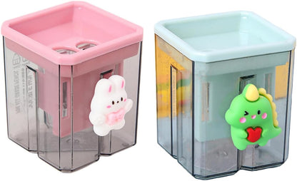 2 Pieces Creative Cute Cartoon Double-Hole Pencil Sharpener 2pcs Creative Cute Cartoon Double Hole Pencil Sharpener, Student Hand Pencil Sharpener, Green Dinosaur + White Rabbit (2)
