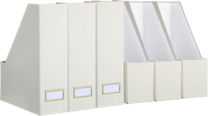 Gueevin Set of 6 Magazine File Holder Stylish Sturdy Cardboard File Boxes Desk Magazine Organizer Rack with Gold Label Holder to Organize Your Desk or Shelves for Home Classroom Office Library(Blue)