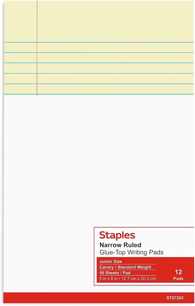 STAPLES Notepads, 8.5” x 11”, Narrow Ruled, White, 50 Sheets/Pad, 12‑Pack