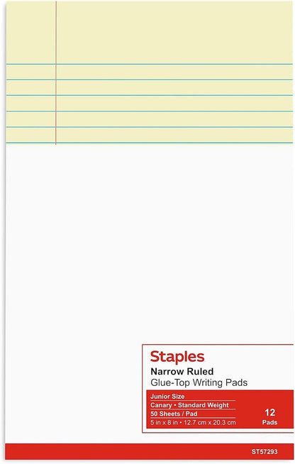 STAPLES Notepads, 8.5” x 11”, Narrow Ruled, White, 50 Sheets/Pad, 12‑Pack