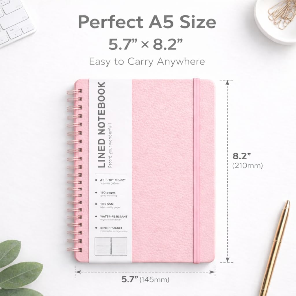 Lined Spiral Journal Notebook, A5 Hardcover Leather Notebook for Work, 5.7''×8.2'', 100GSM Thick Paper Spiral Bound Journaling Notebooks for Women & Men Office School Note Taking Business, Black