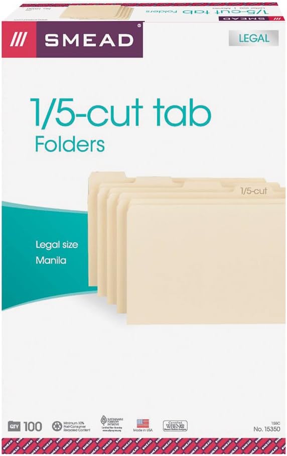 Smead File Folder, 1/3-Cut Tab, Assorted Positions, Legal Size, Manila, 100 per Box (15330)