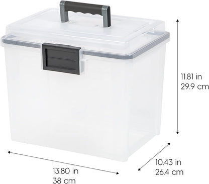 IRIS USA File Box with Lid File Organizer for Letter File w/Organizer-Lid, Plastic Mobile Filing Organizer, Water Resistant Document Box, Portable File Box with Handle, Secure Buckle, Lockable, Black