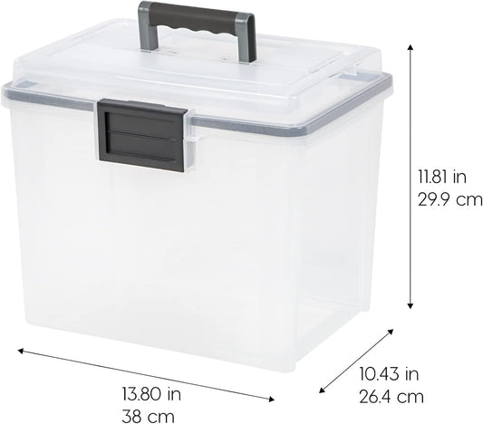 IRIS USA File Box with Lid File Organizer for Letter File w/Organizer-Lid, Plastic Mobile Filing Organizer, Water Resistant Document Box, Portable File Box with Handle, Secure Buckle, Lockable, Black