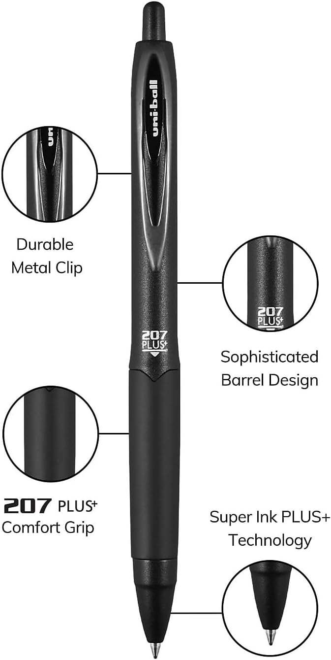 uniball 207 Plus+ Retractable Gel Pens, Medium Point (0.7mm), Black, 4 Pack