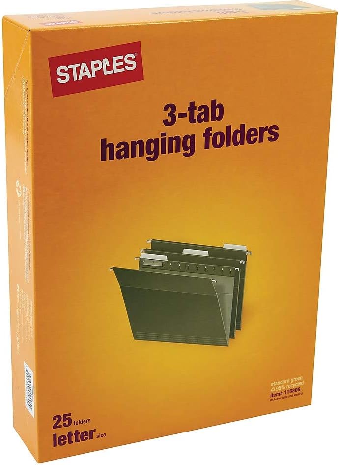 Staples Hanging File Folders, Letter Size, 1/5‑Cut Tabs, Standard Green, Includes Tabs & Paper Inserts – 25/Pack