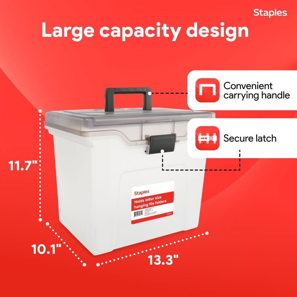 STAPLES Plastic File Box with Snap Lid, Letter/Legal Size, Clear, 4/Carton