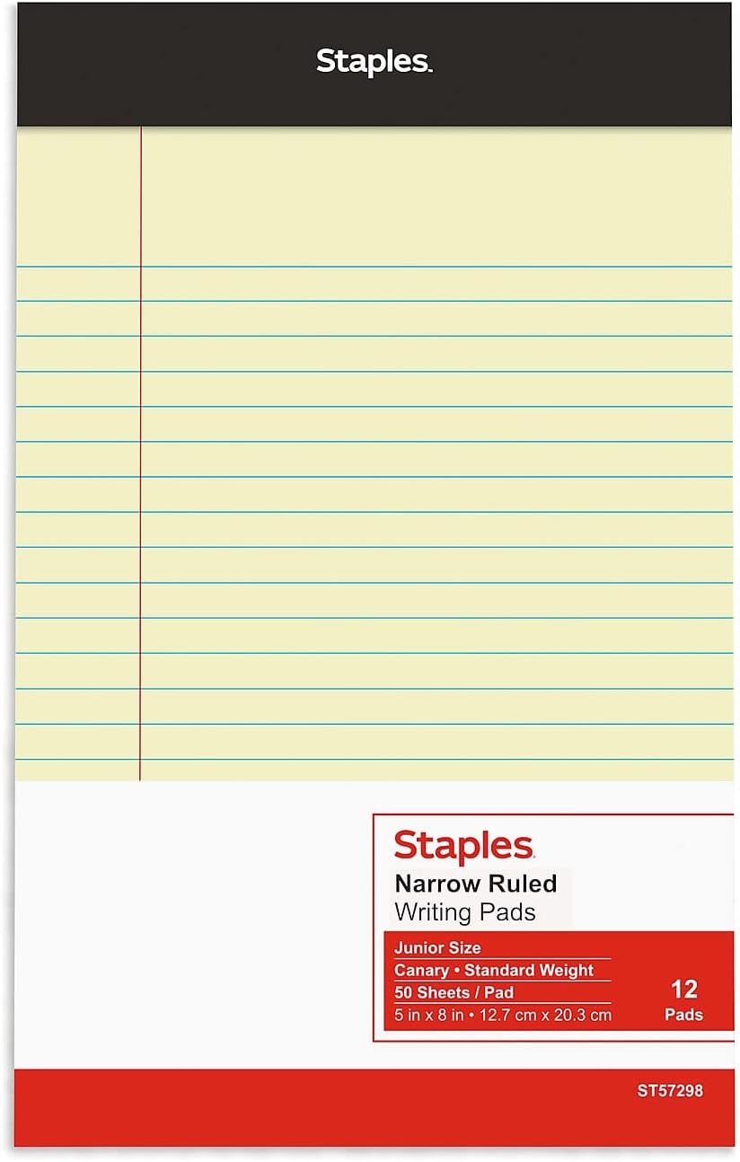 STAPLES Notepads, 5” x 8”, Narrow Ruled, White, 50 Sheets/Pad, 12‑Pack