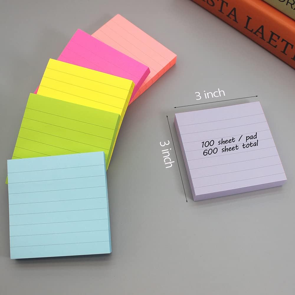 ZYTIN Pop Up Sticky Notes Lined 3x3 inch, Easy to Post Sticky Notes with Lines, 600 Sheet, Pink Purple Blue Yellow Green Orange Color, Office Accessories