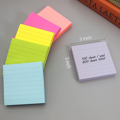ZYTIN Pop Up Sticky Notes Lined 3x3 inch, Easy to Post Sticky Notes with Lines, 600 Sheet, Pink Purple Blue Yellow Green Orange Color, Office Accessories