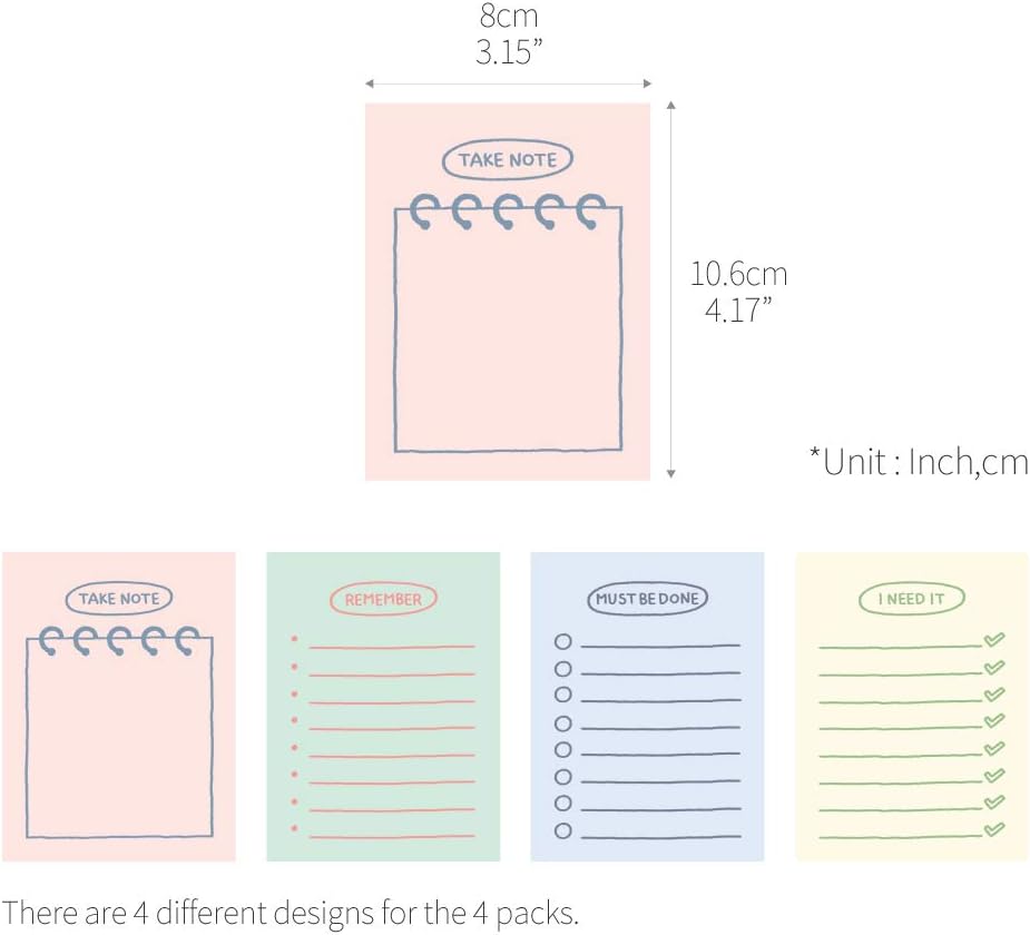 Monolike Memopad Memories design B SET - 4 Packs, 4 Different Designs, 100 Sheets Per Pad, Total 400 Sheets, Note pads, Writing pads, 3.15 x 4.17 Inches