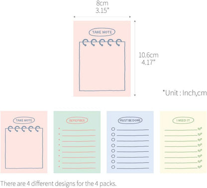 Monolike Memopad Memories design B SET - 4 Packs, 4 Different Designs, 100 Sheets Per Pad, Total 400 Sheets, Note pads, Writing pads, 3.15 x 4.17 Inches
