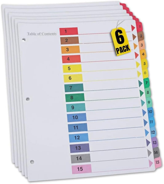 1InTheOffice 15 Tab Dividers for 3 Ring Binders, Table of Contents, 8.5" x 11", Multicolor Tabs, 6 Pack