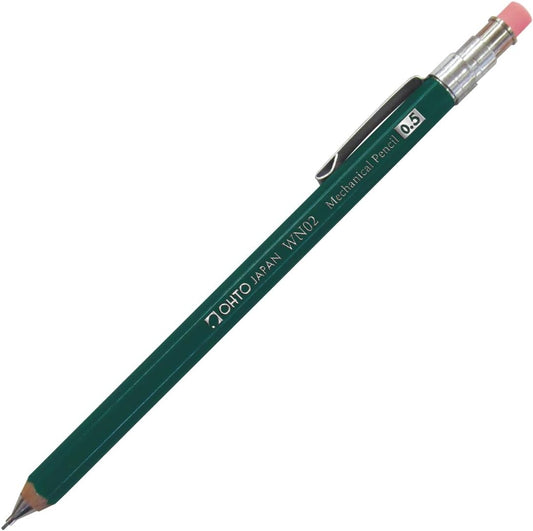 OHTO WN02 Wooden Mechanical Pencil, 0.5mm Fine Point, Mini-Sized Barrel with Clip, Green Body, Made from Incense Cedar, WN02-SP5-GN