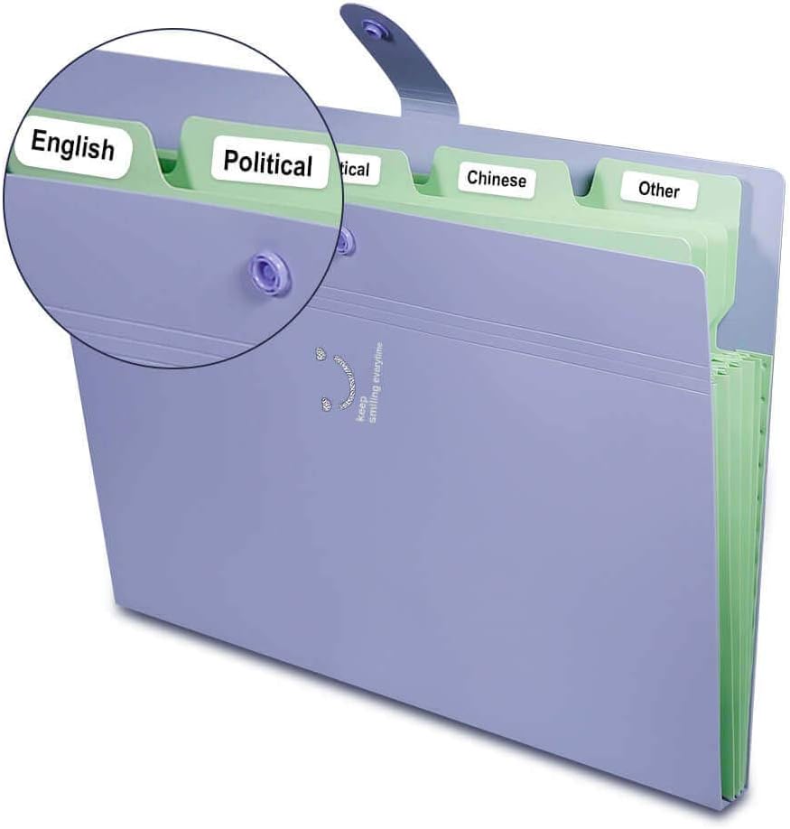 Selizo 6 Pcs Expanding File Folder with 5 Pockets Organizer Plastic A4 Size and 168 Pcs File Folder Labels for School Teacher and Office