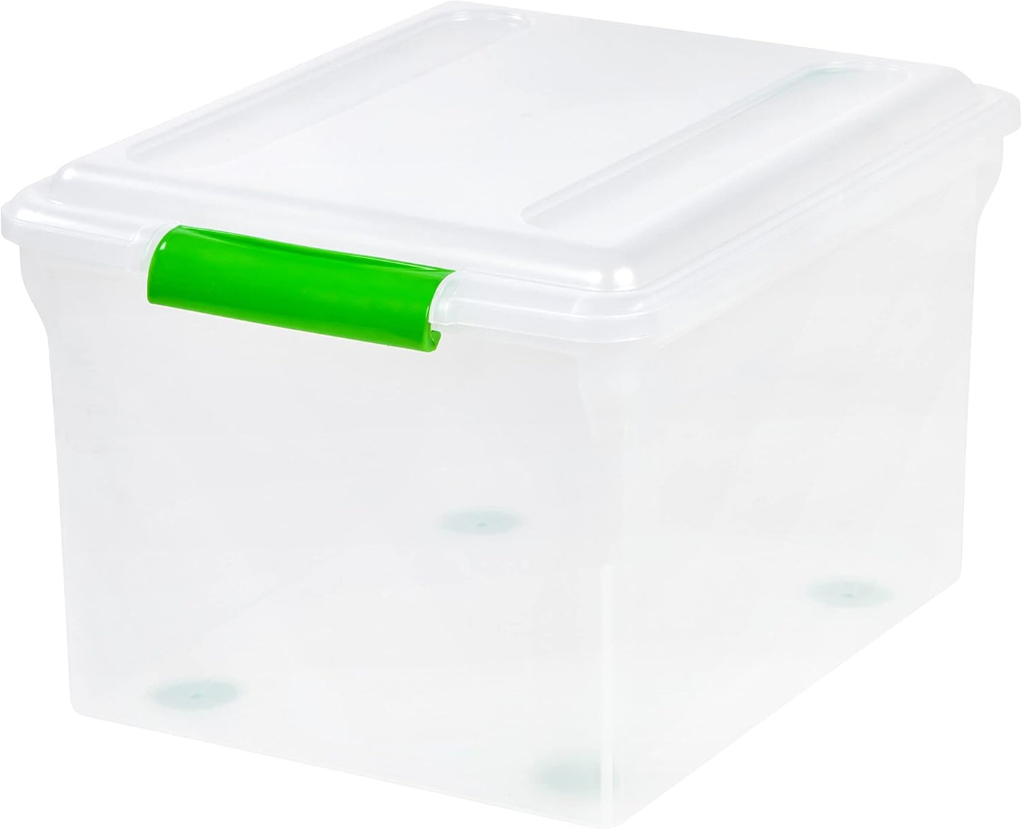IRIS USA File Box, File Organizer w/Hinged Split Lid for Letter File, Important Document Box, Plastic Storage Filing Bin for Moving, Stackable Nestable Portable, Pearl 44 Qt. 4 Pack