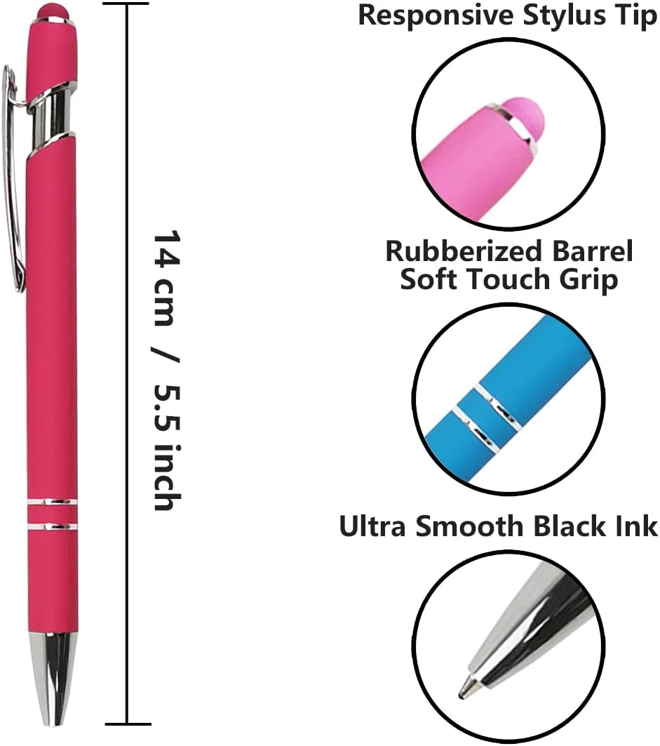 Oddmoal Ballpoint Pen with Stylus Tip, Soft Touch Click Metal Pen, 1.0mm Medium Point, Black Ink, 12 Count(Black)