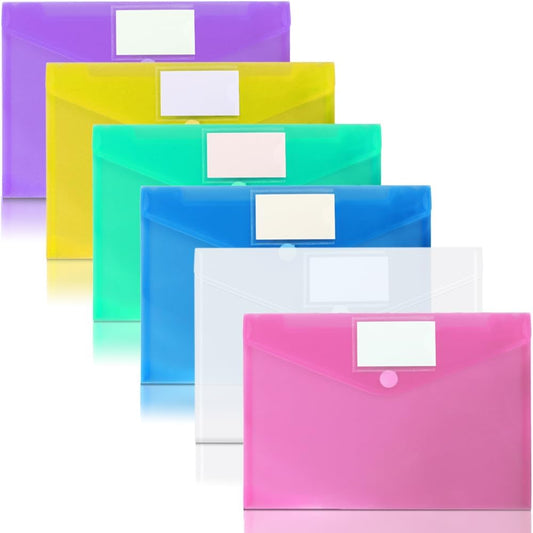 11 Pack Plastic Poly Filing Envelopes, Clear Document Folders US Letter A4 Size File Envelopes with Label Pocket & Paste Button for School Home Work Office Organization, 6 Assorted Color