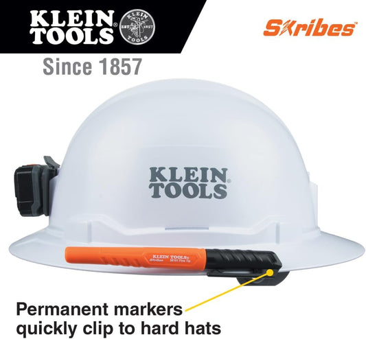 KLEIN TOOLS 861914 Skribes Fine Tip Permanent Markers, Assorted Colors, Hard Hat Clip, Multi-Surface Jobsite Marker for Wet, Dry and Oily Surfaces, 4-Pack