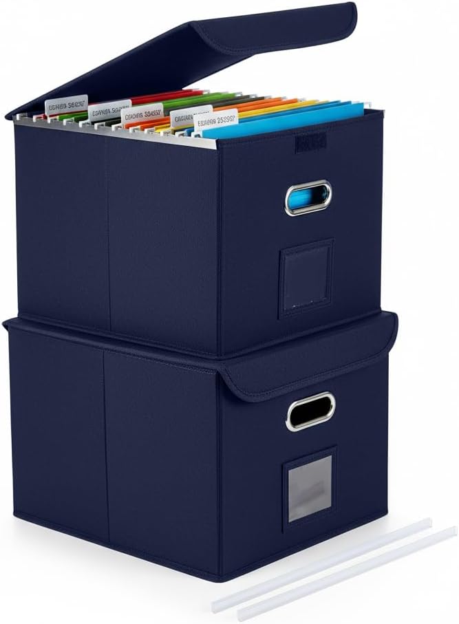 CADONO File Organizer Box with Lid, Large Hanging File Folder Organizer with Plastic Slide, Collapsible Portable Filing Storage Boxes for Office/Decor/Home (Black, 14.9 x 12.59 x 10.8 inch)