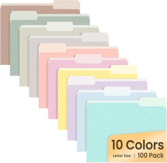 SUNEE File Folders Letter Size 10 Pastel Colors, 100 Pack Manilla Folders 8.5 x 11 1/3-Cut Tabs, Colored File Folders Office Home School for Documents Files Paper